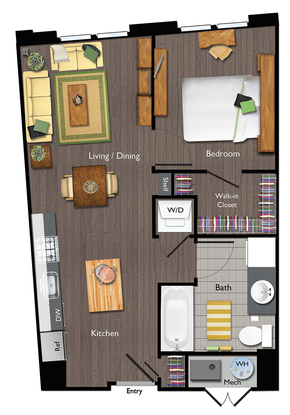 Floor plan for 1 bed, 1 bath, 639 sqft